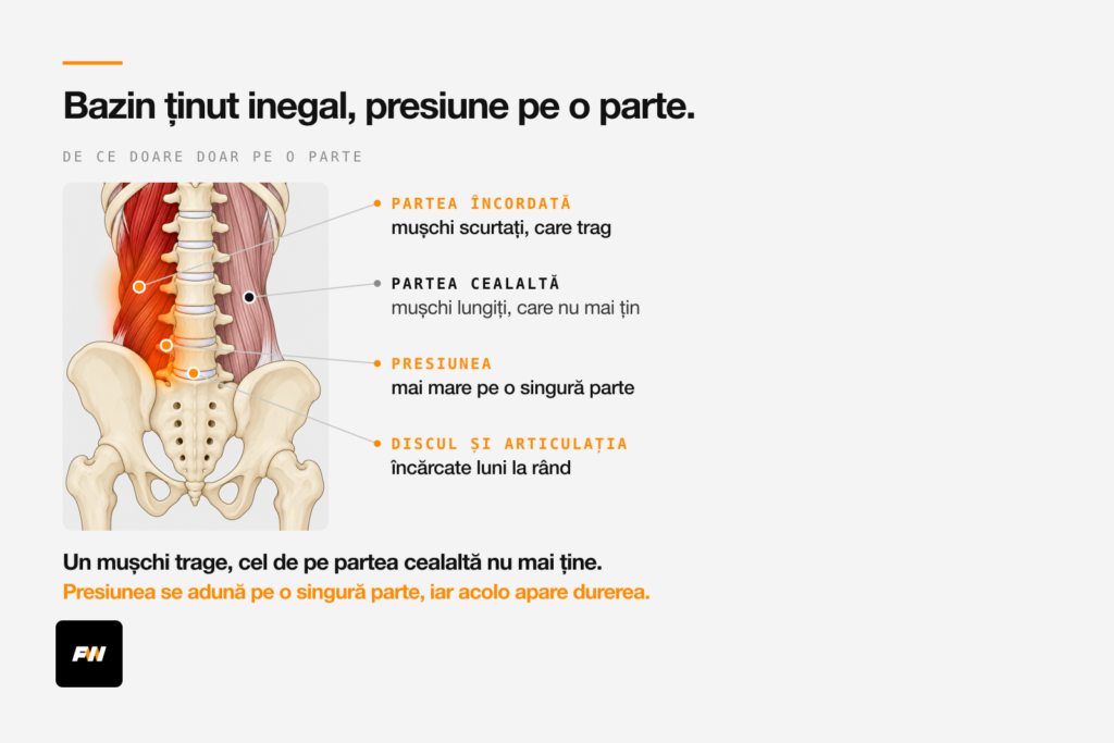 Bazinul și spatele jos văzute din spate, cu mușchii încordați pe o parte, lungiți pe cealaltă, și presiunea adunată pe o singură parte