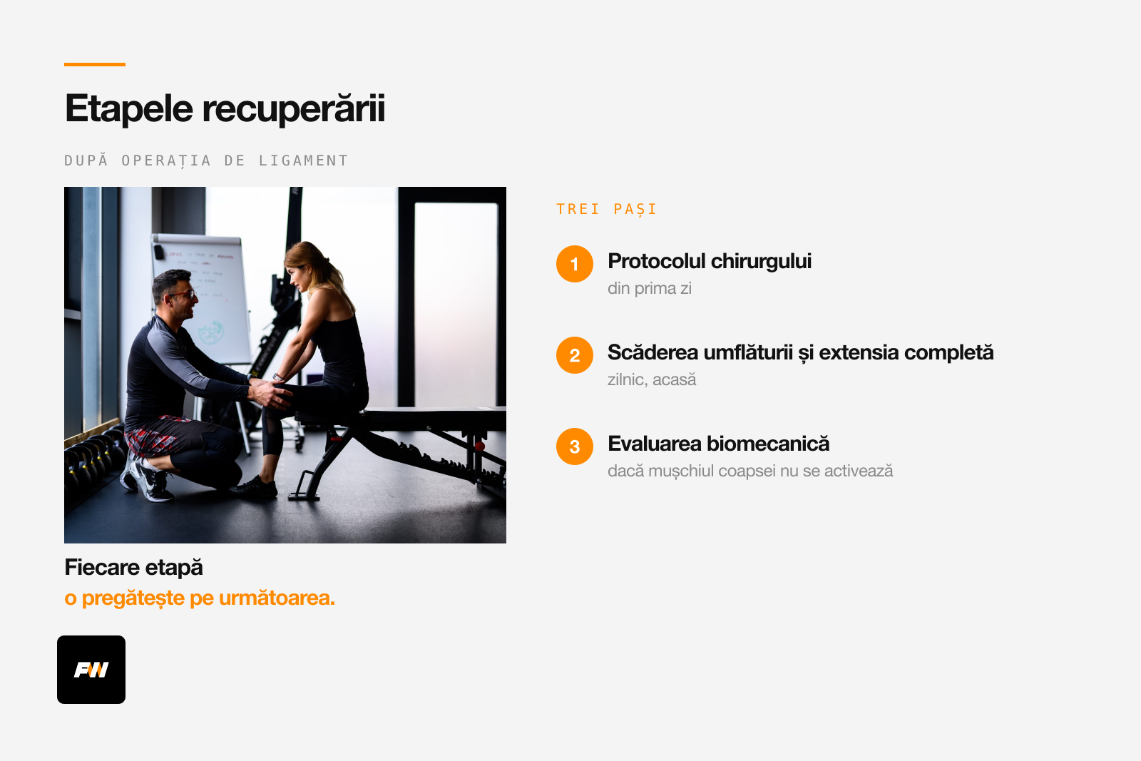 Kinetoterapeut cu mâna pe genunchiul unei femei așezate pe bancă, în sala Fitway din Cluj