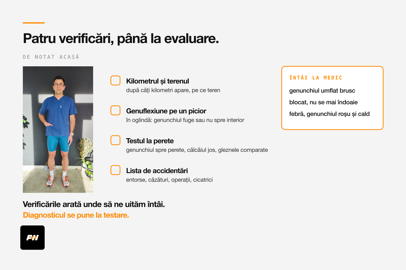 Terapeut în ținută de alergare, lângă verificările de făcut acasă înainte de evaluare