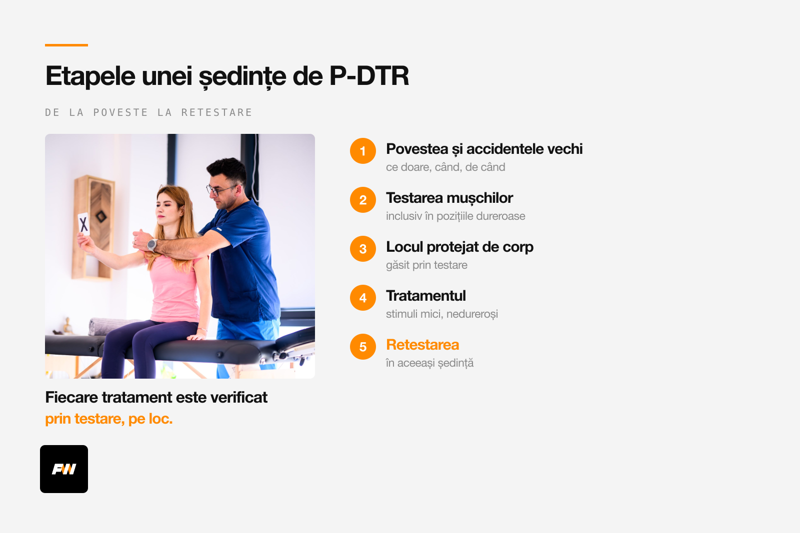 Terapeut P-DTR testează brațul unei femei pe masa de terapie, cu etapele ședinței