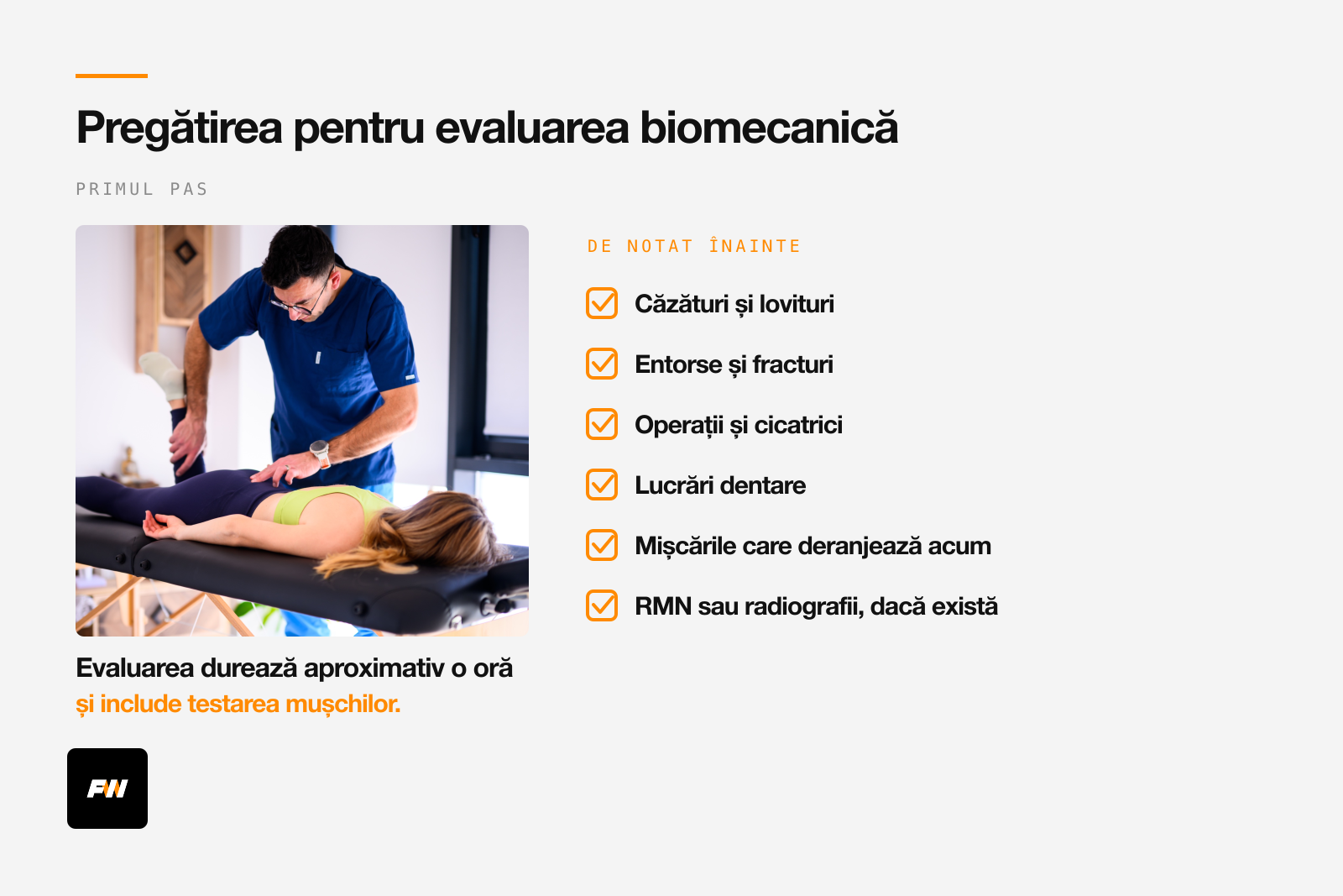 Testarea unei femei întinse pe masă și lista de pregătit pentru evaluarea biomecanică