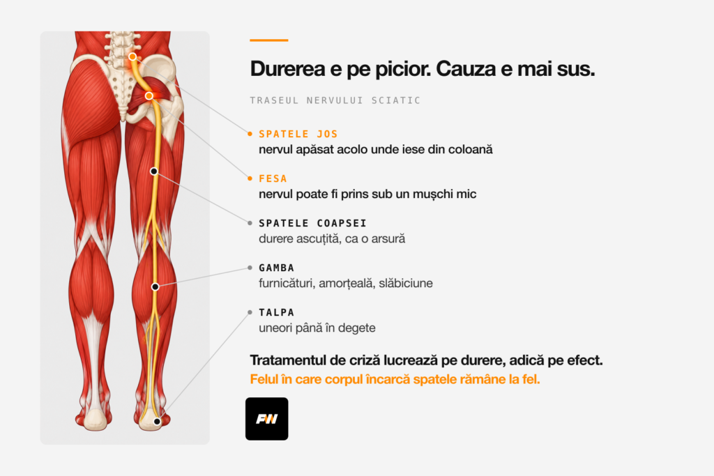 Traseul nervului sciatic pe un singur picior, de la spatele jos prin fesă până în talpă, cu cele două locuri în care poate fi apăsat