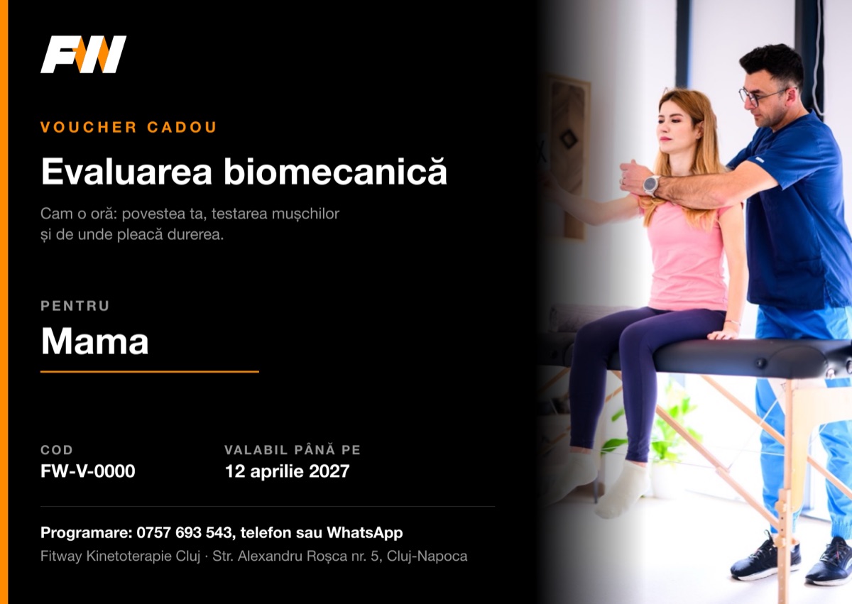 Voucher cadou Fitway Kinetoterapie Cluj pentru evaluarea biomecanică, cu numele, codul și data de valabilitate